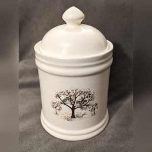 Owl and Tree Canister Taiwan Mid Century Cream colour with Trees and Green Owls